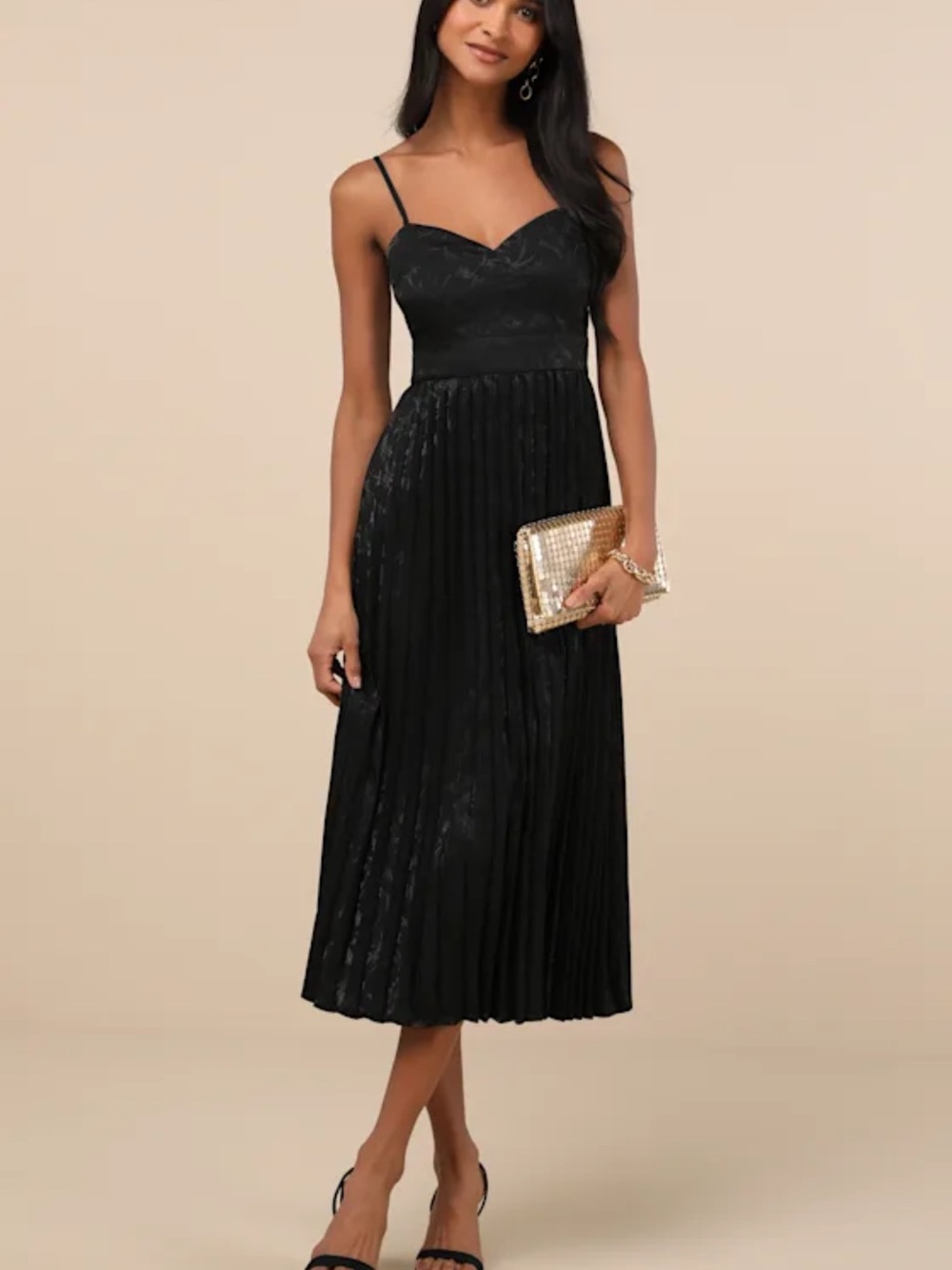 Lulu's Regal Romance Black Floral Jacquard Pleated Satin Midi Dress